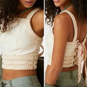Anthropologie Braided Denim Lace Up Back Top